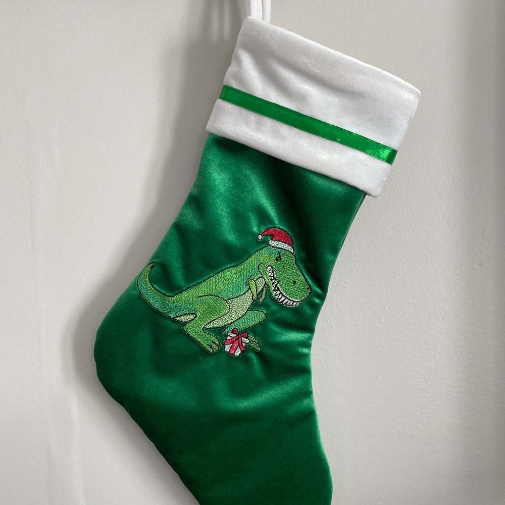 Hand crafted child or adult 17 inch T Rex Christmas stocking in green velvet